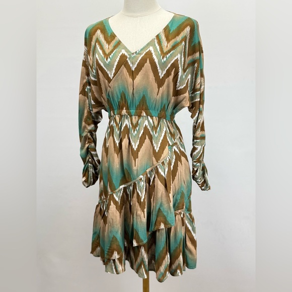 ARIAT Teal & Brown Chevron Tiered Long Sleeve mini Dress size S - Picture 6 of 13